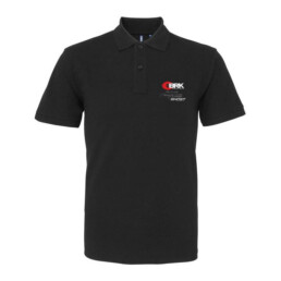 Black polo shirt with BRK and Ghost logos on chest