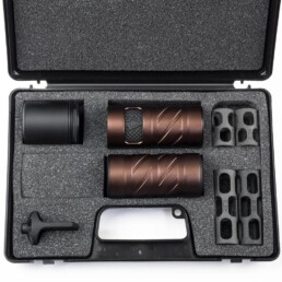 The 0dB Pro System Ultimate Kit comes in a case and includes the Advantage Target Barrel Tuner, Stealth Silencer, Extension Module (mini moderator) and spare baffles